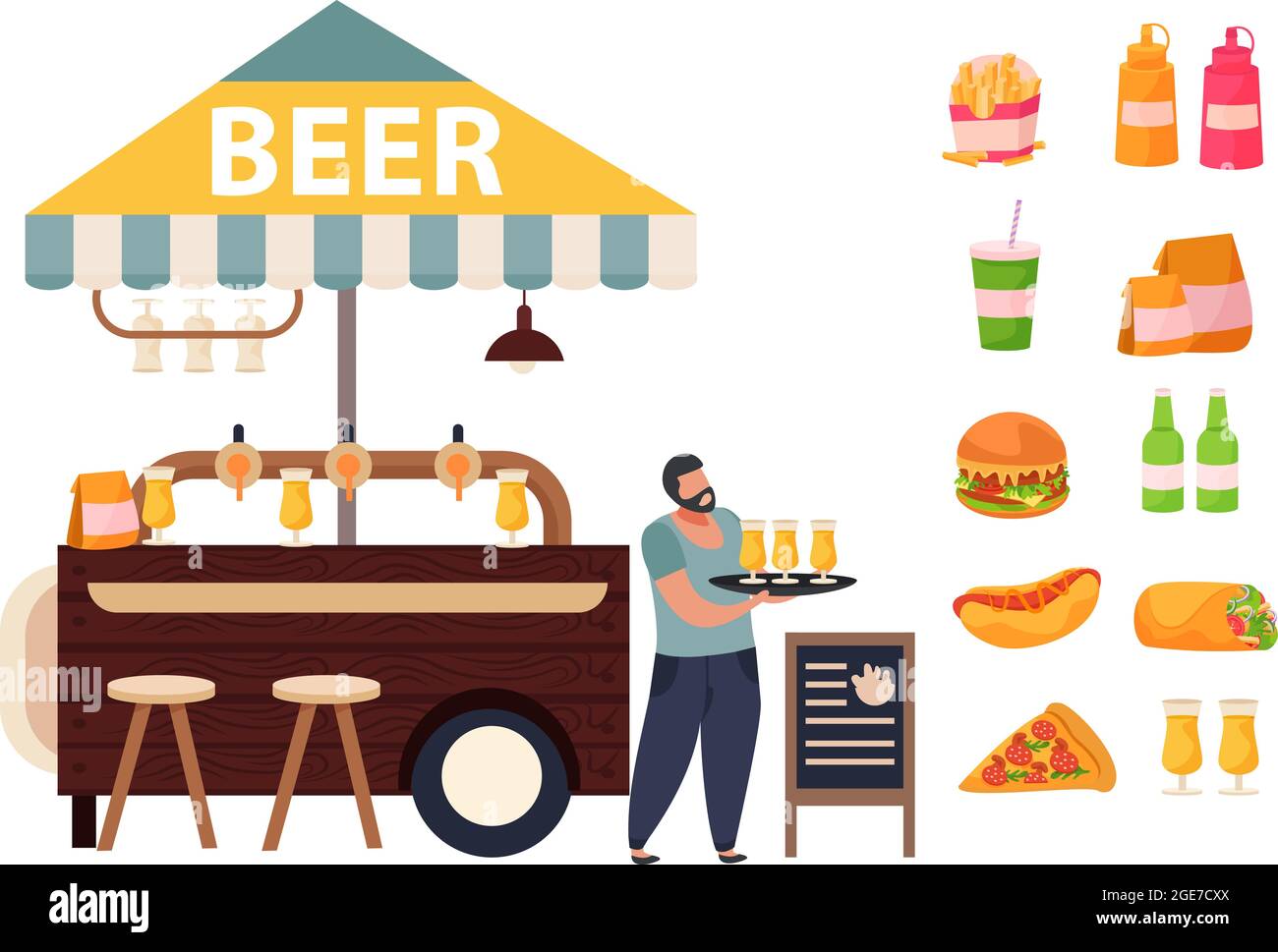 Street Cafe concept avec symboles bière et collation illustration vectorielle plate Illustration de Vecteur