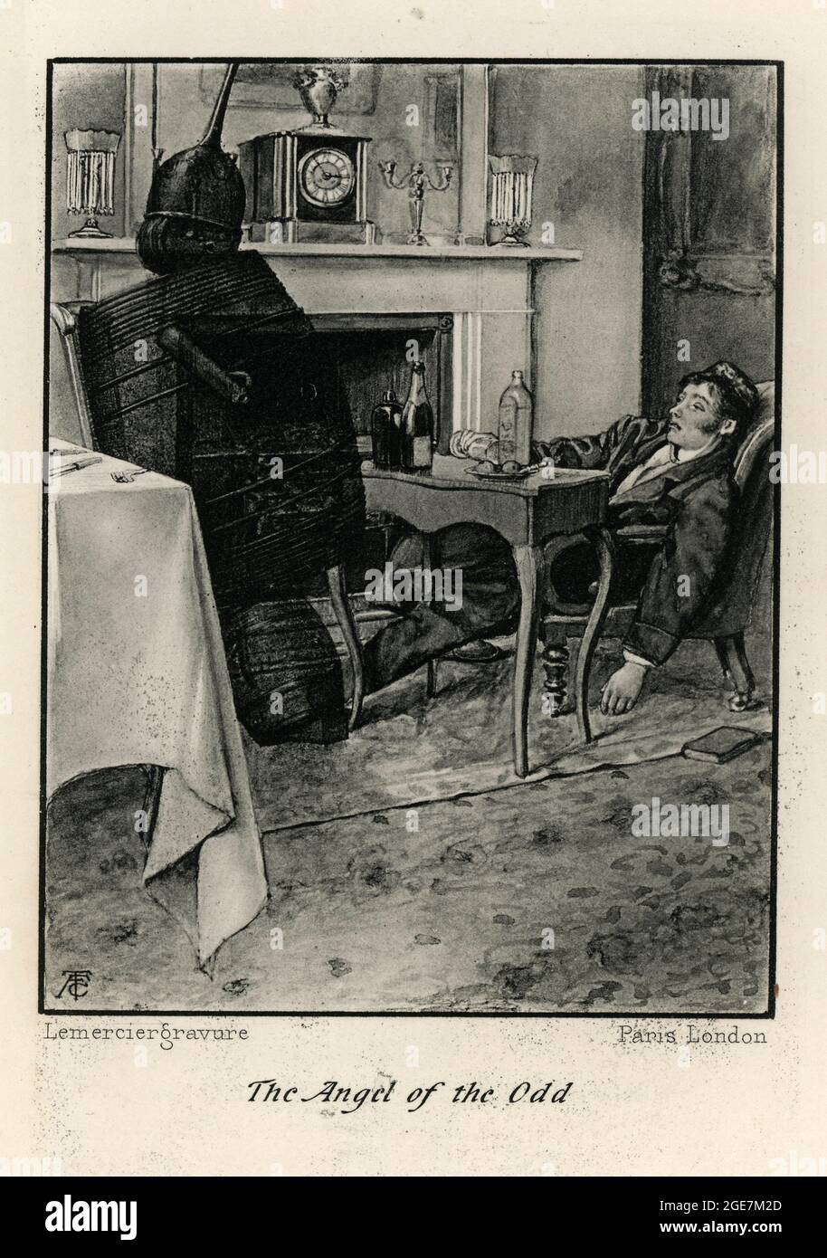 Illustration vintage de l'Ange de l'Odd par Edgar Allan PoE. Un homme ivre s'est mis à sommer dans une chaise Banque D'Images