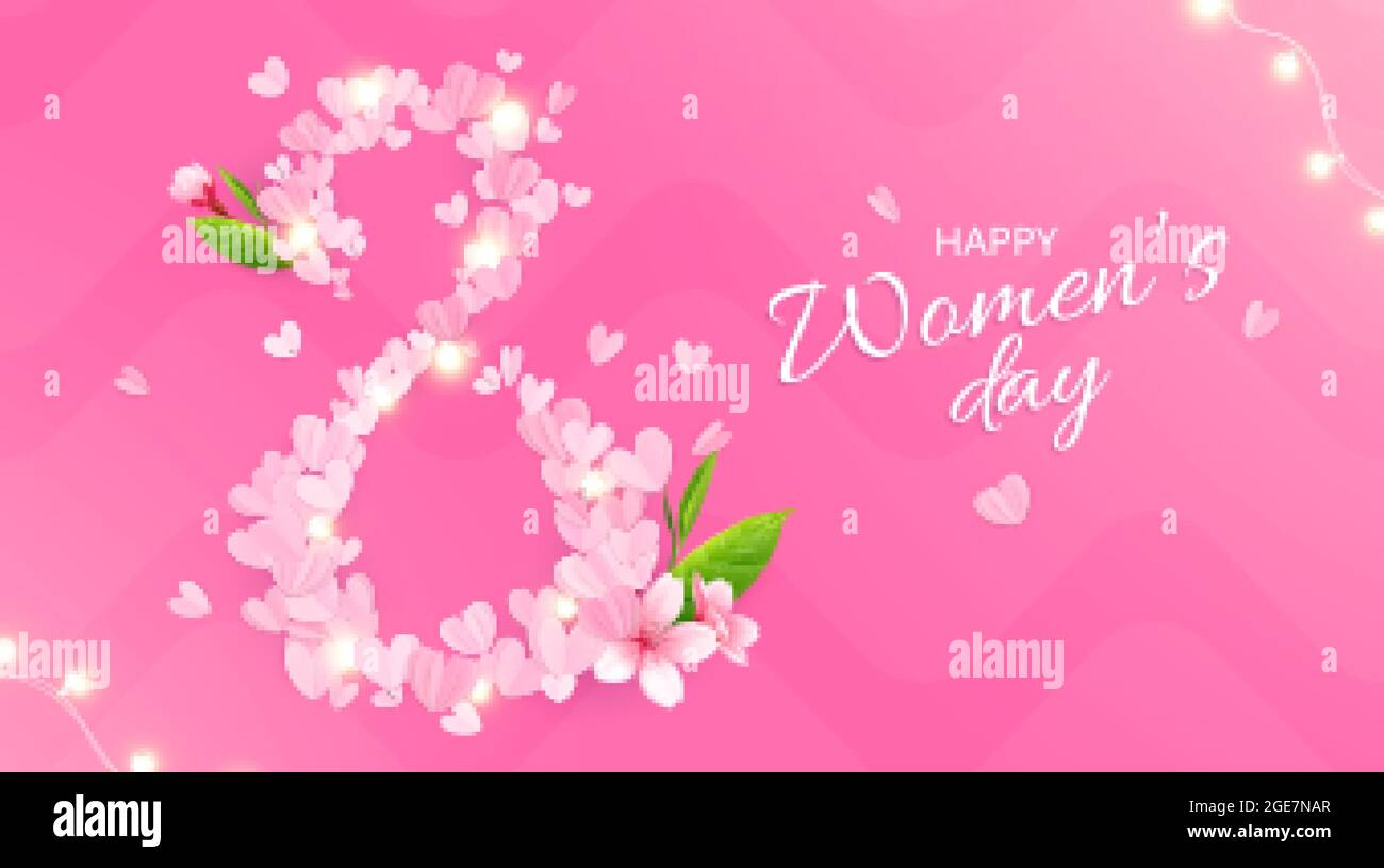 8 mars composition de jour de womans avec fond rose texte orné et chiffre fait de pétales roses illustration vectorielle Illustration de Vecteur