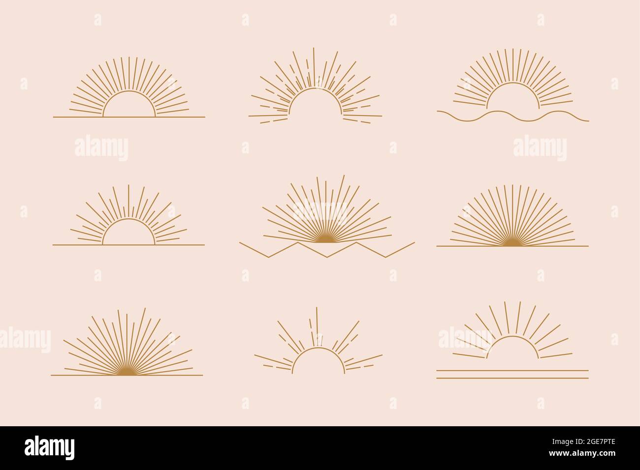 Ensemble de symboles et d'icônes de boho linéaires, de modèles de design de logo de soleil doré, d'éléments de design abstraits pour la décoration dans un style moderne minimaliste Illustration de Vecteur