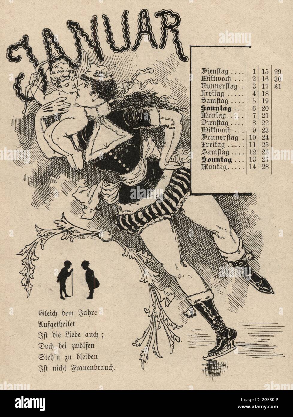 Caricature austro hongroise vintage, page de calendrier pour janvier 1889, femme patineuse tenant cupid Banque D'Images