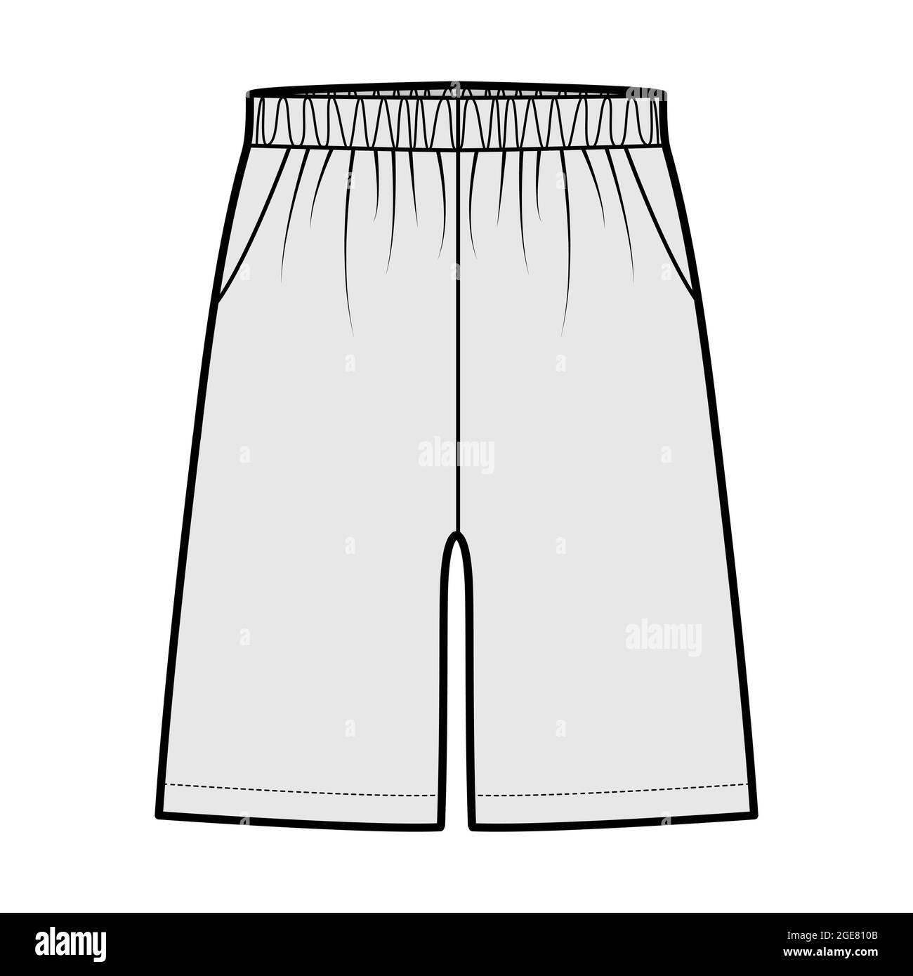 Short Sport Training Bermuda Activewear technique mode illustration avec  élastique taille basse, taille, poches, coupe décontractée, longueur  mi-cuisse. Vêtements à fond plat de couleur grise sur le devant. Femmes  hommes unisex CAD