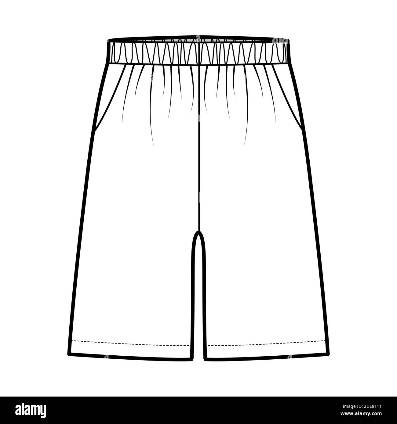 Short entraînement sport Bermuda illustration technique de la mode avec élastique taille basse, taille, poches, coupe décontractée, longueur mi-cuisse. Vêtements à fond plat sur le devant, couleur blanche. Femmes hommes unisexe CAD maquette Illustration de Vecteur