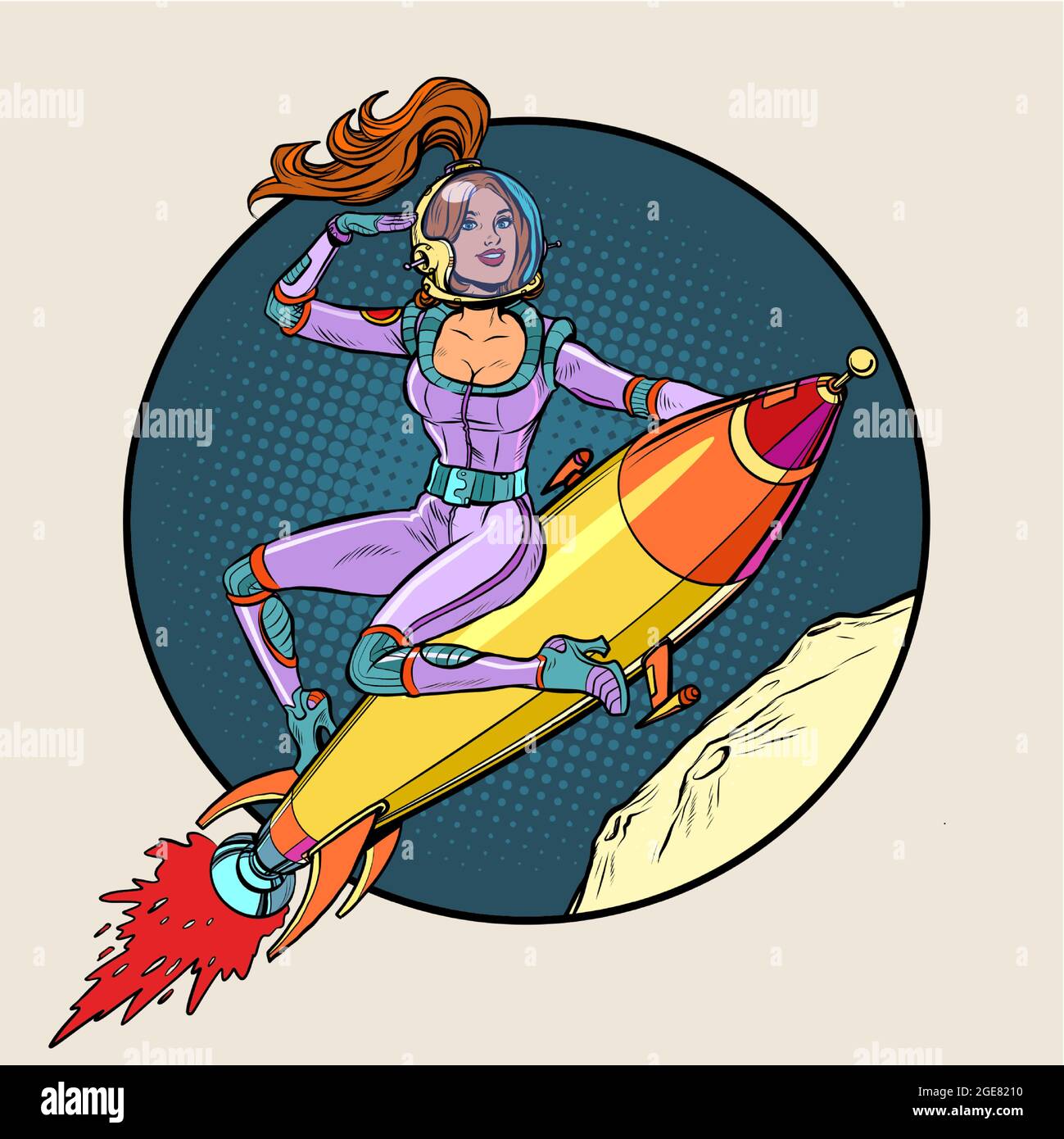Pinup femme astronaute volant sur une fusée, une femme dans l'espace. Science-fiction Illustration de Vecteur
