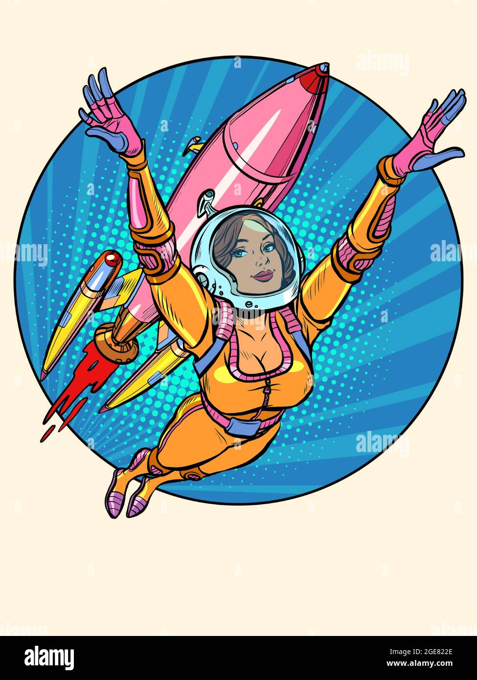 Une petite astronaute vole avec une fusée spatiale. Science-fiction Illustration de Vecteur