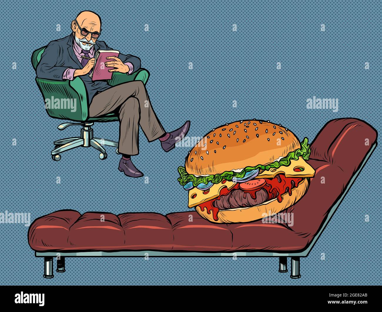 Une séance de psychothérapie avec un hamburger. Problèmes de suralimentation et d'obésité Illustration de Vecteur