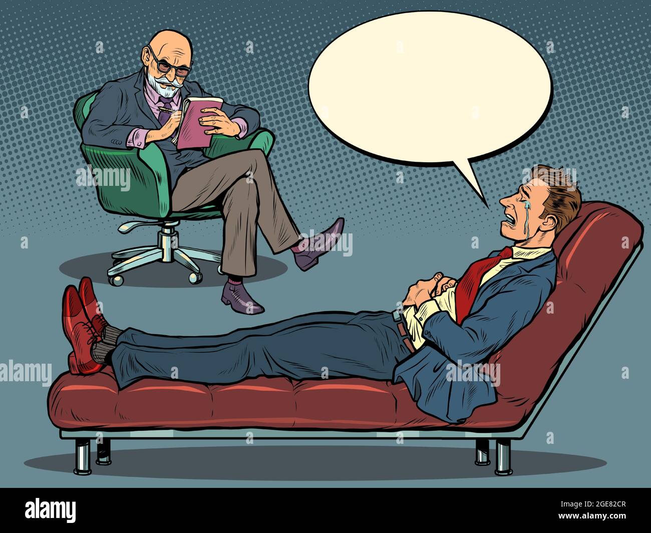 Une séance de psychothérapie. Le psychothérapeute voit un homme d'affaires, le patient est allongé sur le canapé Illustration de Vecteur