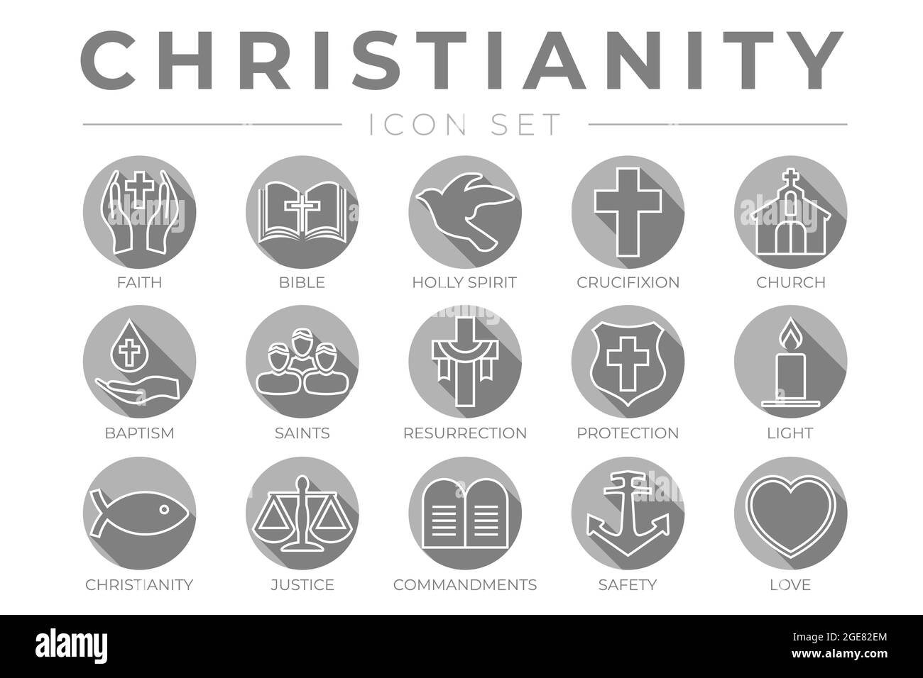 Ensemble rond d'icône de Christianisme avec foi, Bible, Crucifixion , Baptême, Église, Résurrection, Esprit Saint, Saints, Commandements, lumière, Protectio Illustration de Vecteur