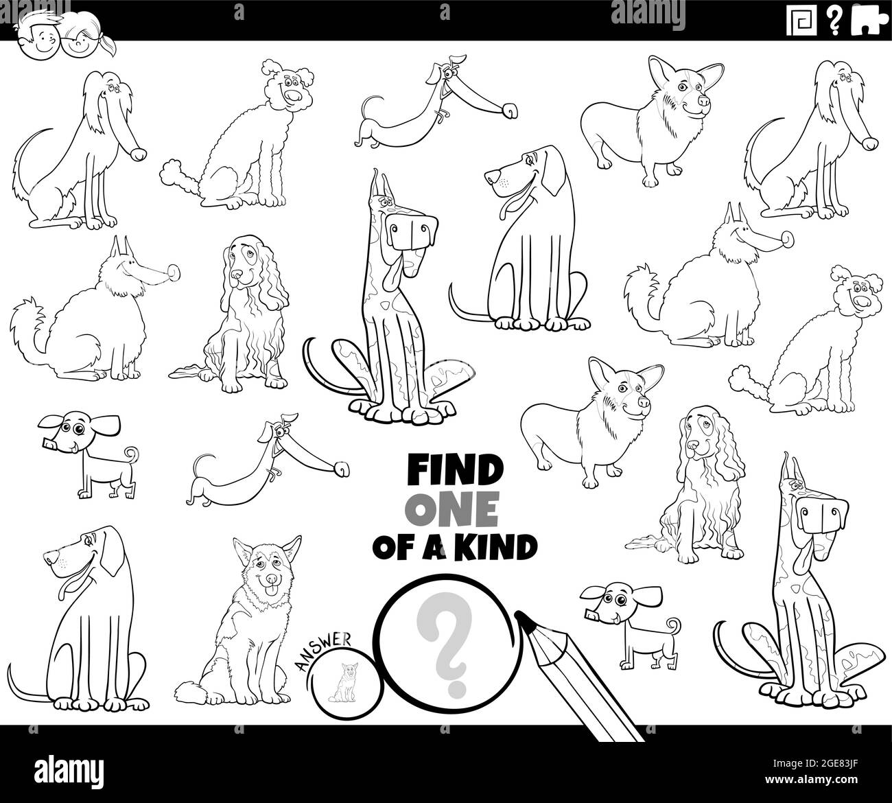 Dessin animé noir et blanc illustration de trouver un d'un genre image jeu éducatif avec les chiens de race bande dessinée caractères animaux coloriage page livre Illustration de Vecteur