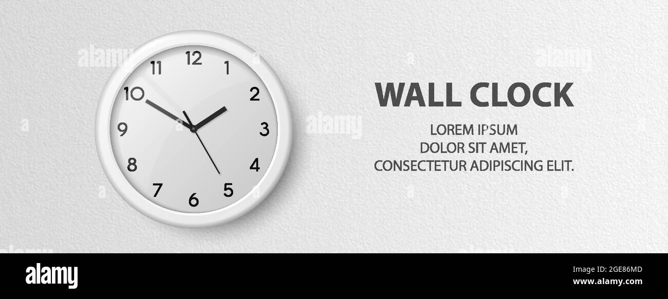 Vector 3d Realistic White Wall horloge de bureau sur fond de mur blanc texturé. Modèle de conception, horloge de bureau avec cadran intérieur blanc. Maquette pour Illustration de Vecteur
