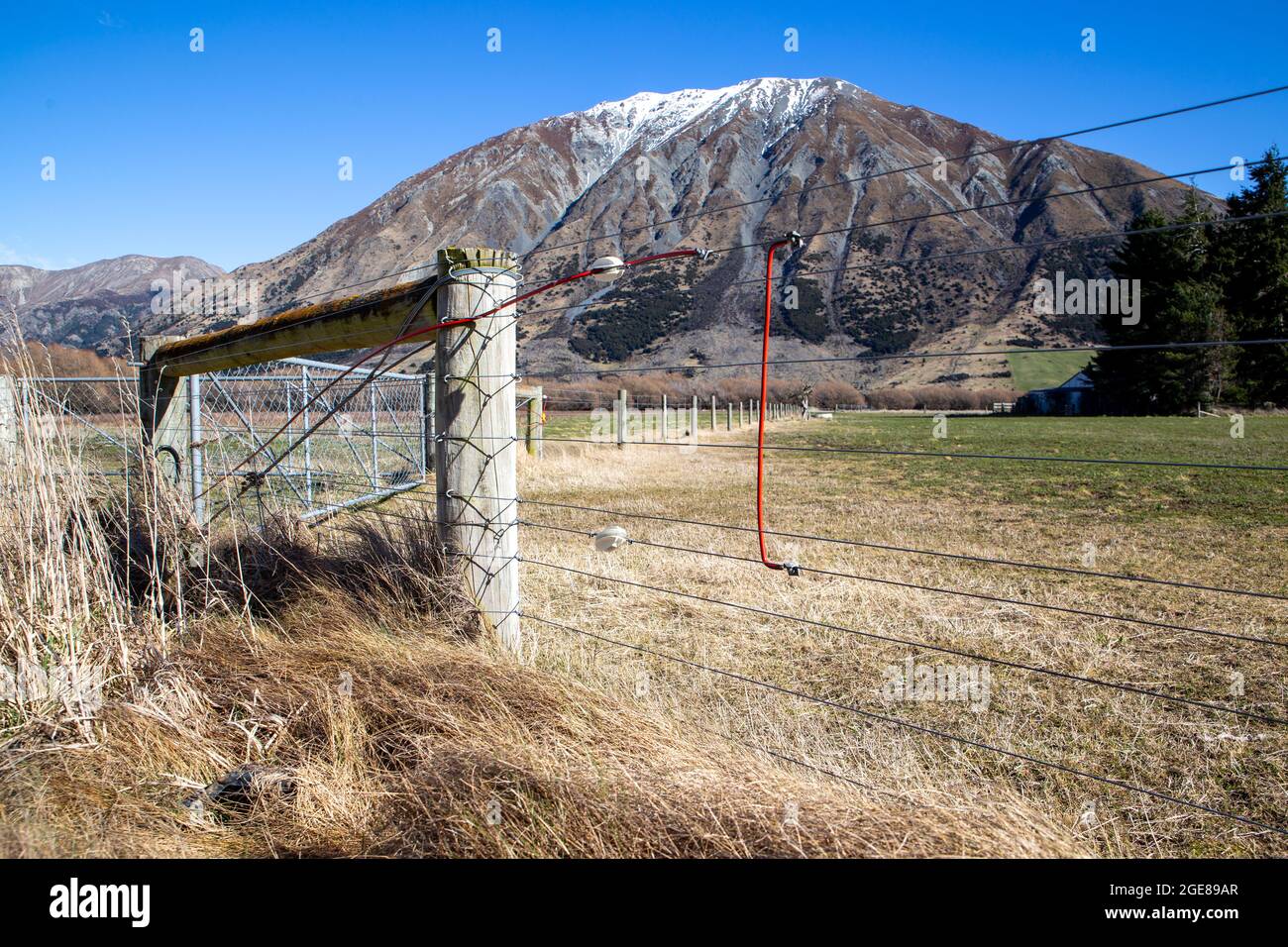 Clôture de ferme électrique dans le haut pays, Canterbury, Nouvelle-Zélande Banque D'Images