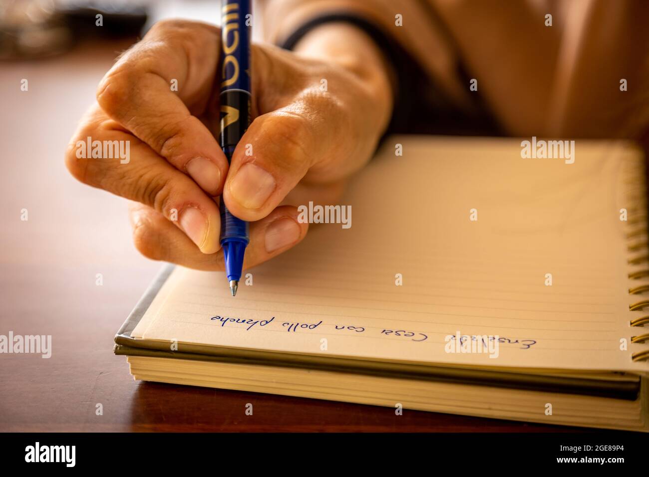 Gros plan de la main d'une personne avec un stylo prenant des notes Banque D'Images