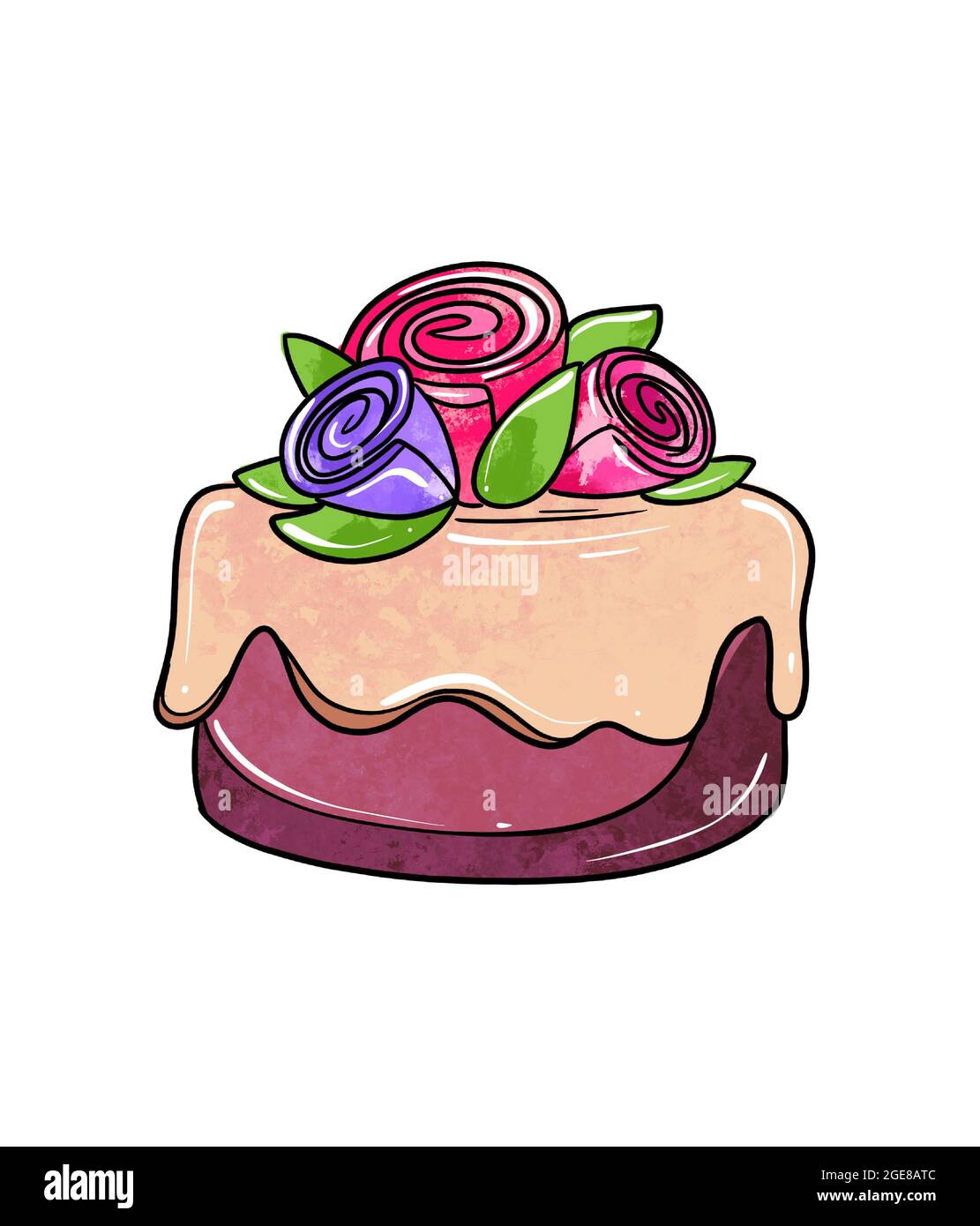 Illustration d'un dessin coloré de bonbons: Gâteau violet à la crème jaune-brun et décoré avec une fleur de roses sur un fond blanc isolé. Illustration de haute qualité Banque D'Images