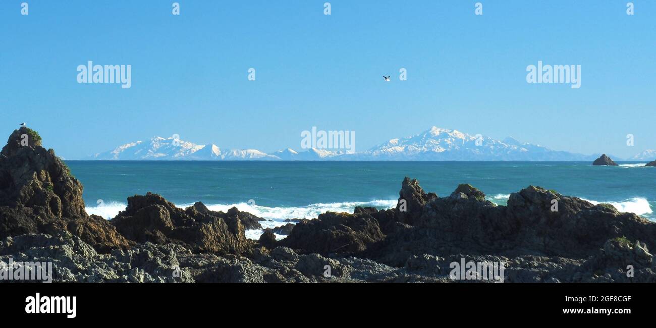 La vue d'hiver de la capitale de la Nouvelle-Zélande, Wellington, au premier plan, à la mer de Kaikoura dans l'île du Sud de la Nouvelle-Zélande Banque D'Images