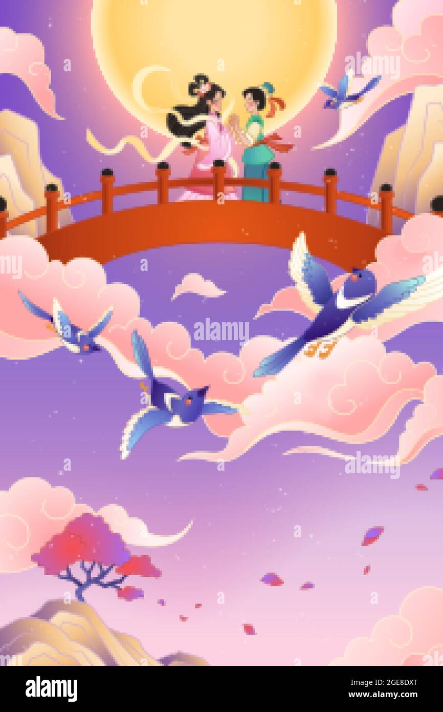 Bannière du festival Qixi. Illustration d'une jeune fille de tisserand tenant la main sur le pont près de la pleine lune Illustration de Vecteur