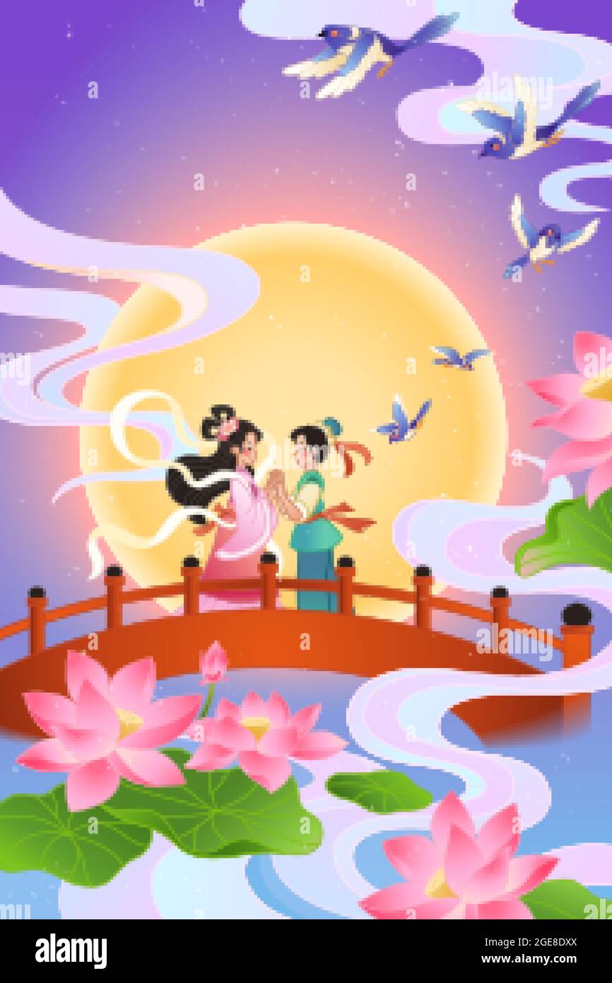 Bannière du festival Qixi. Illustration de la jeune fille de tisserand et du cowherd au pont sur l'étang de lotus avec le magpie bleu volant autour Illustration de Vecteur