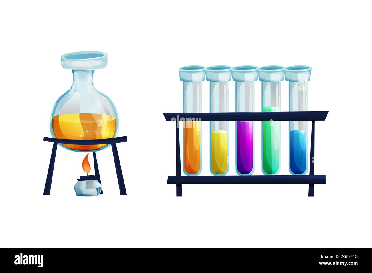 Kit de laboratoire avec flacon en verre avec brûleur, tubes à essai avec  recherche en chimie liquide dans le style de dessin animé isolé sur fond  blanc. Alchimie, équipement de laboratoire d'étude. .