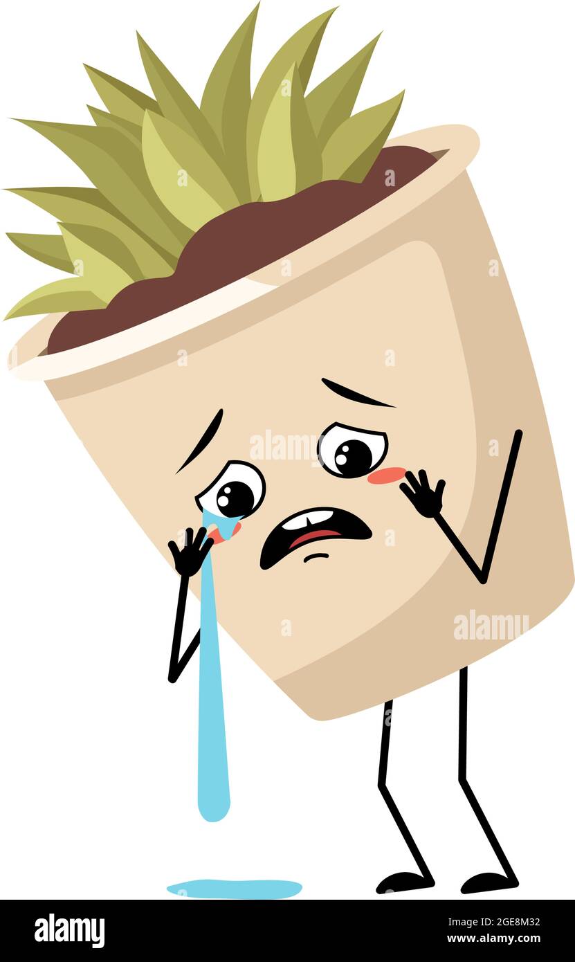 Mignonne plante d'intérieur de caractère dans un pot avec des pleurs et des larmes émotion, visage triste, yeux dépressifs, bras et jambes. Jardinière avec succulente pour la décoration intérieure Illustration de Vecteur