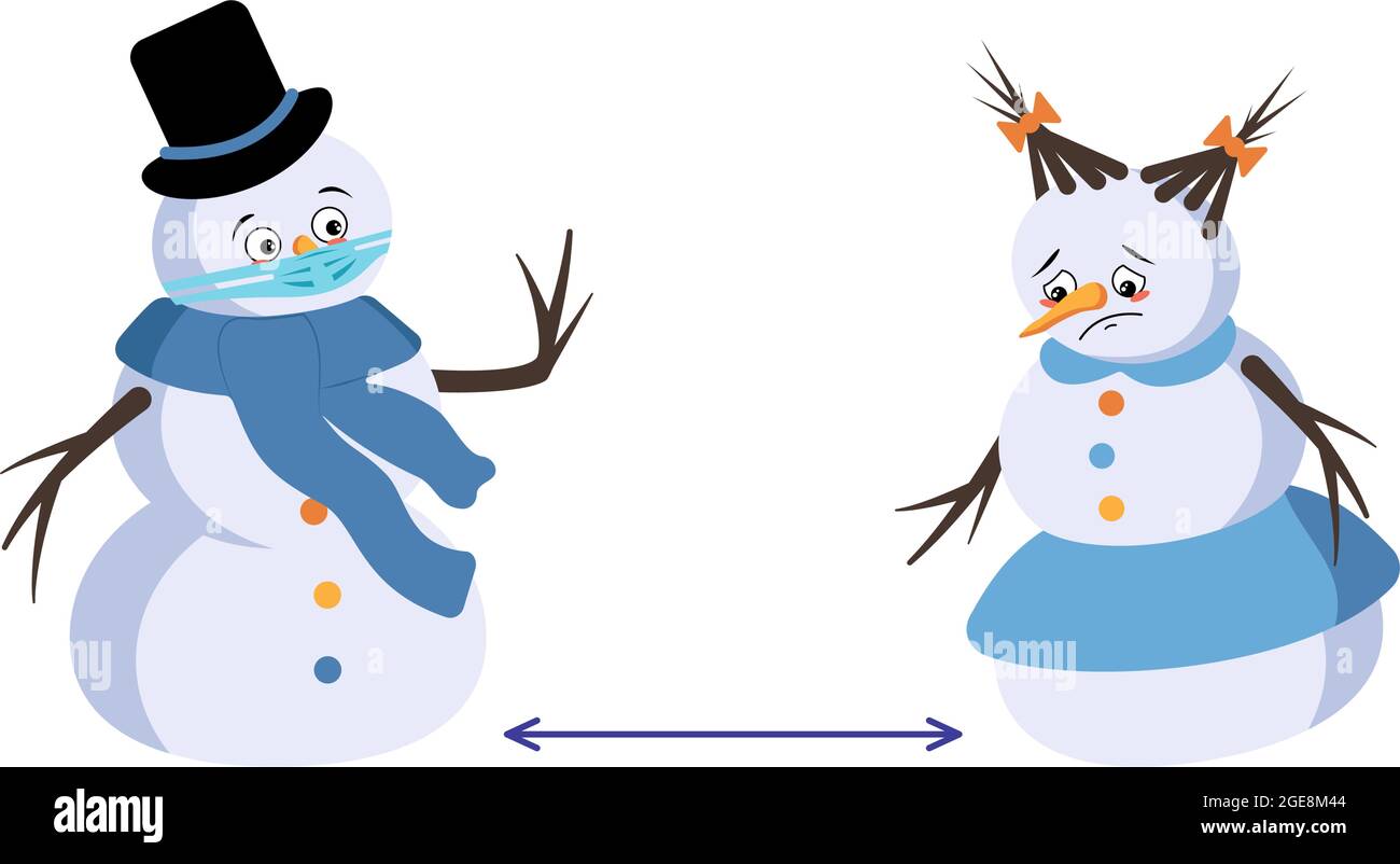Adorable bonhomme de neige de Noël et femme de neige avec des émotions  tristes, le visage et le masque gardent la distance, les bras et les  jambes. Joyeux nouvel an décoration festive