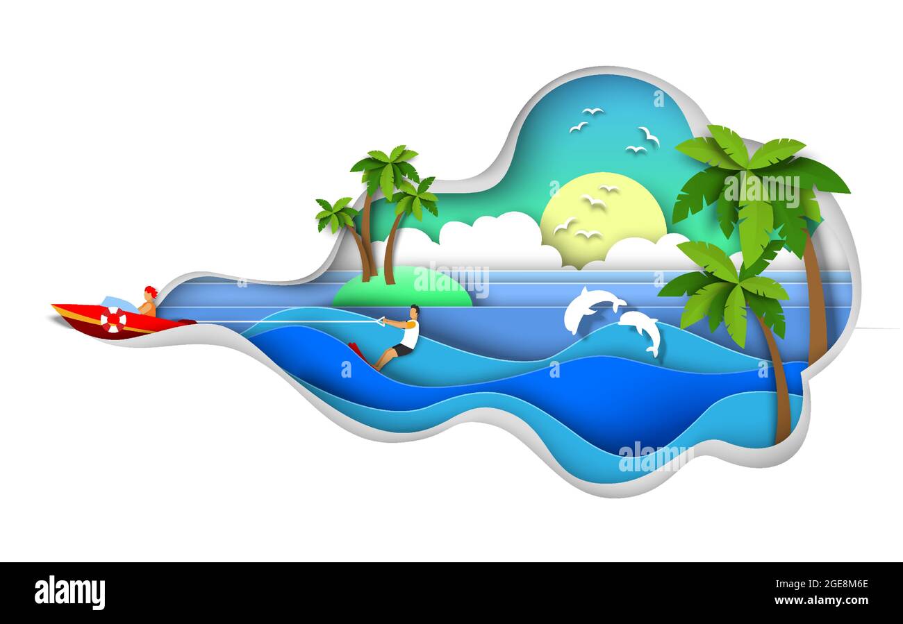 Homme de ski nautique, illustration de papier vectoriel. Ski nautique, wakeboard, sports d'été extrêmes et activités de plage Illustration de Vecteur