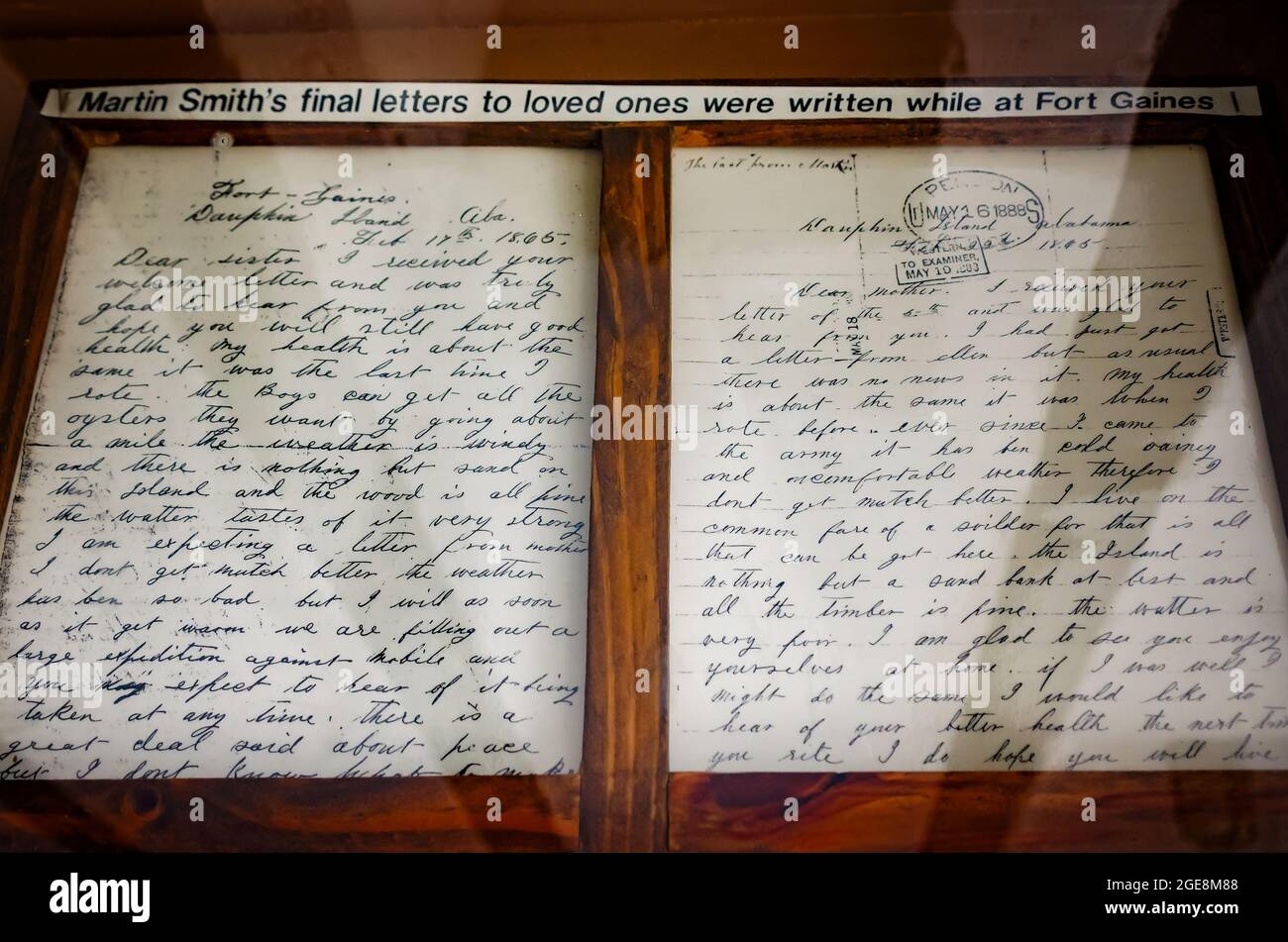 Les dernières lettres d’un soldat confédéré à sa sœur et à sa mère sont exposées au musée de fort gaines, le 12 août 2021, à Dauphin Island, en Alabama. Banque D'Images