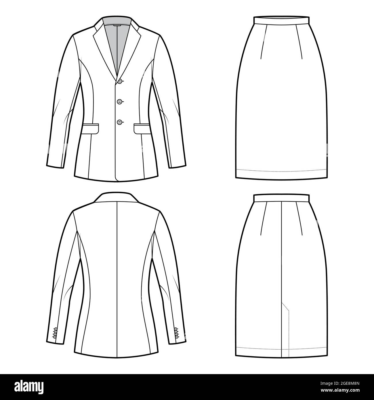 Ensemble de vêtements de jupe avec veste classique, illustration de la mode  technique avec deux pièces, coupe droite, corps ajusté. Modèle de vêtement  plat à l'avant, à l'arrière, de couleur blanche. Femmes,