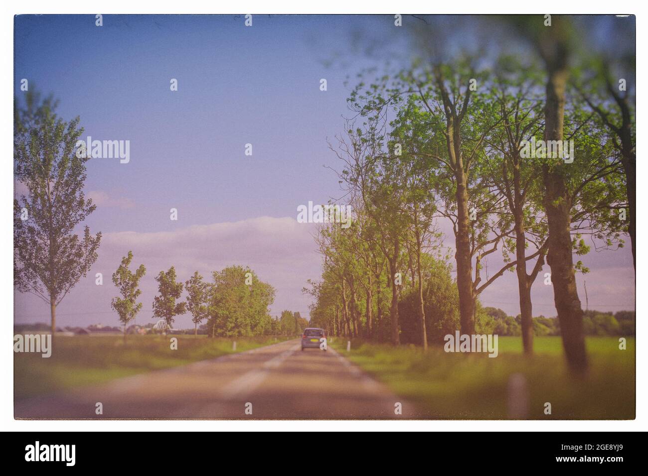 Voiture roulant sur une route rurale vide aux Pays-Bas Banque D'Images