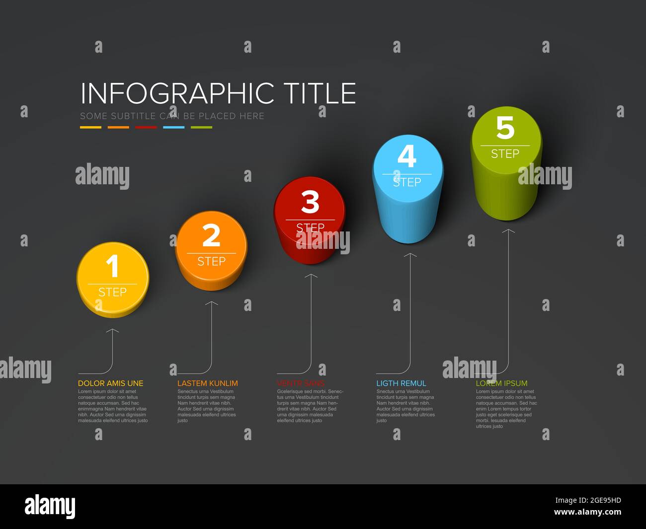 Modèle d'infographie Vector Dark multi-usage fabriqué à partir de couleurs diagonales cylindre étapes de croissance niveaux diagramme d'escaliers avec descriptions de numéros et légende Illustration de Vecteur
