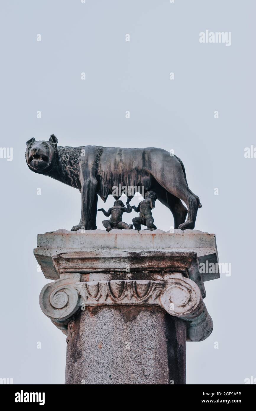 Tir vertical du loup de Capitoline contre un ciel lumineux à Rome, Italie Banque D'Images