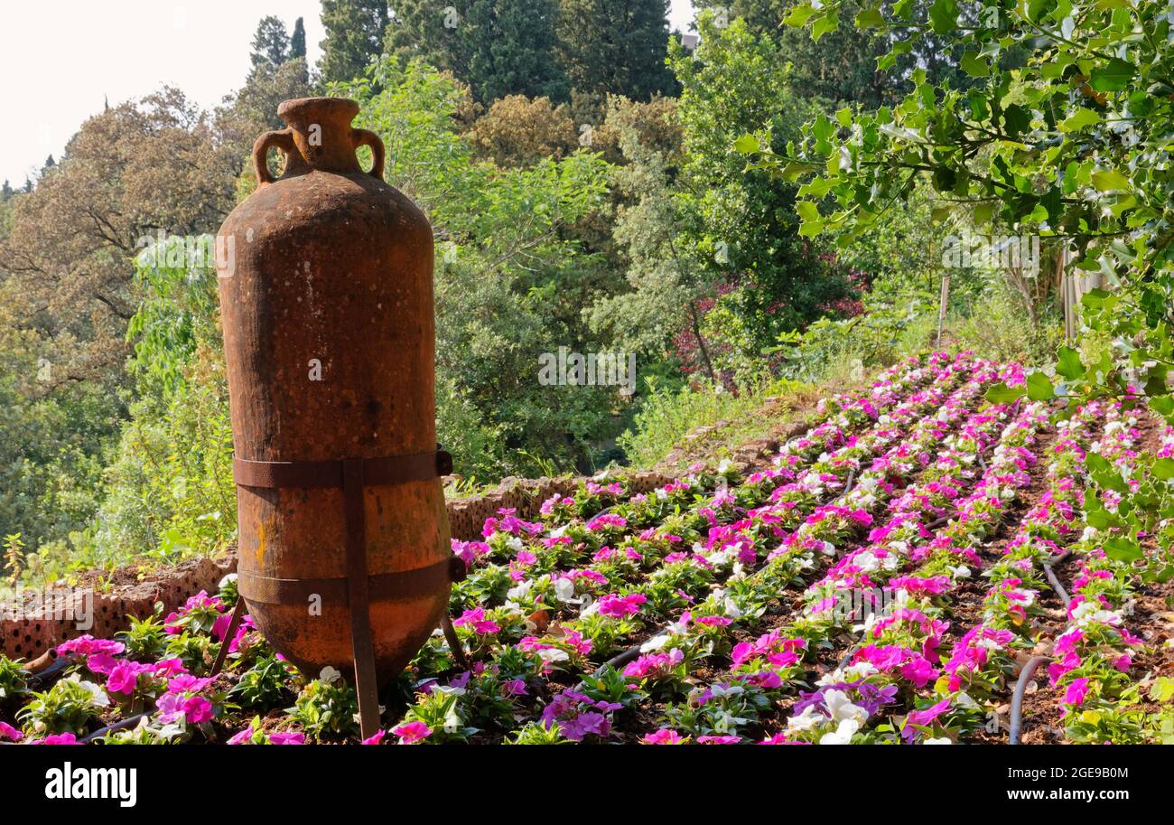 DUINO, Italie - 5 juin 2021 : ancienne amphore sur un parterre de fleurs dans le jardin du château de Duino, près de Trieste, Italie Banque D'Images