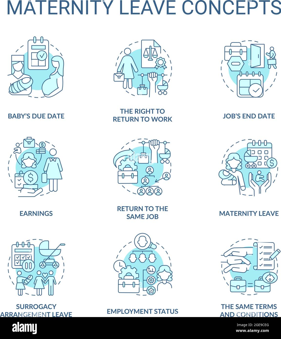 Jeu d'icônes de concept bleu liées au congé de maternité Illustration de Vecteur