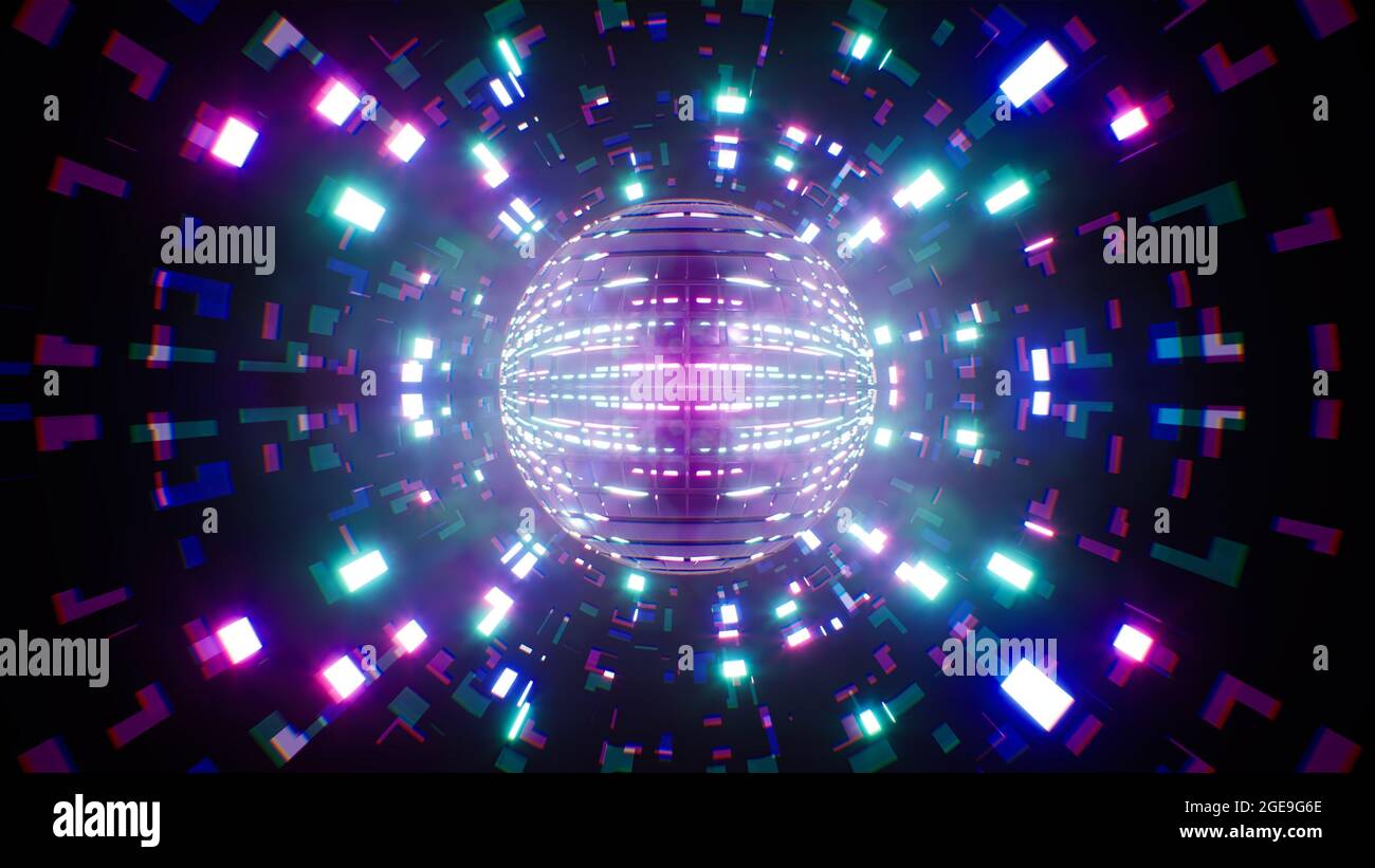 Bal miroir disco brillant et brillant dans le tunnel lumineux Neon à l'intérieur Banque D'Images