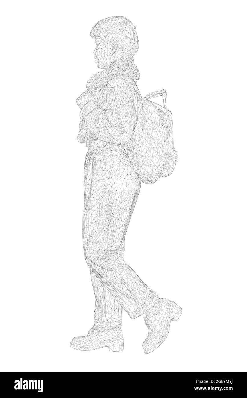 Élément filaire d'une jeune fille marchant avec un sac à dos derrière elle, dans un chapeau et un foulard fait de lignes noires, isolé sur un fond blanc. Vue latérale. 3D. Illustration de Vecteur