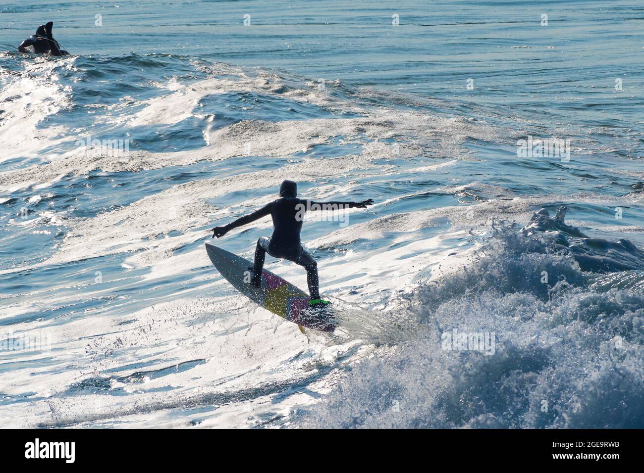 Un surfeur effectuant un tour d'avion à cheval sur une vague dans la baie de Fistral à Newquay, en Cornouailles. Banque D'Images