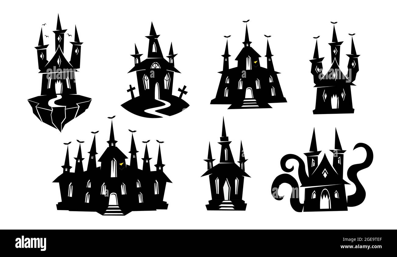 Silhouette de maison hantée, maison fantôme, château. Ensemble de silhouettes noires de demeures créepy d'Halloween. Ensemble vectoriel de silhouettes noires de Halloween c Illustration de Vecteur