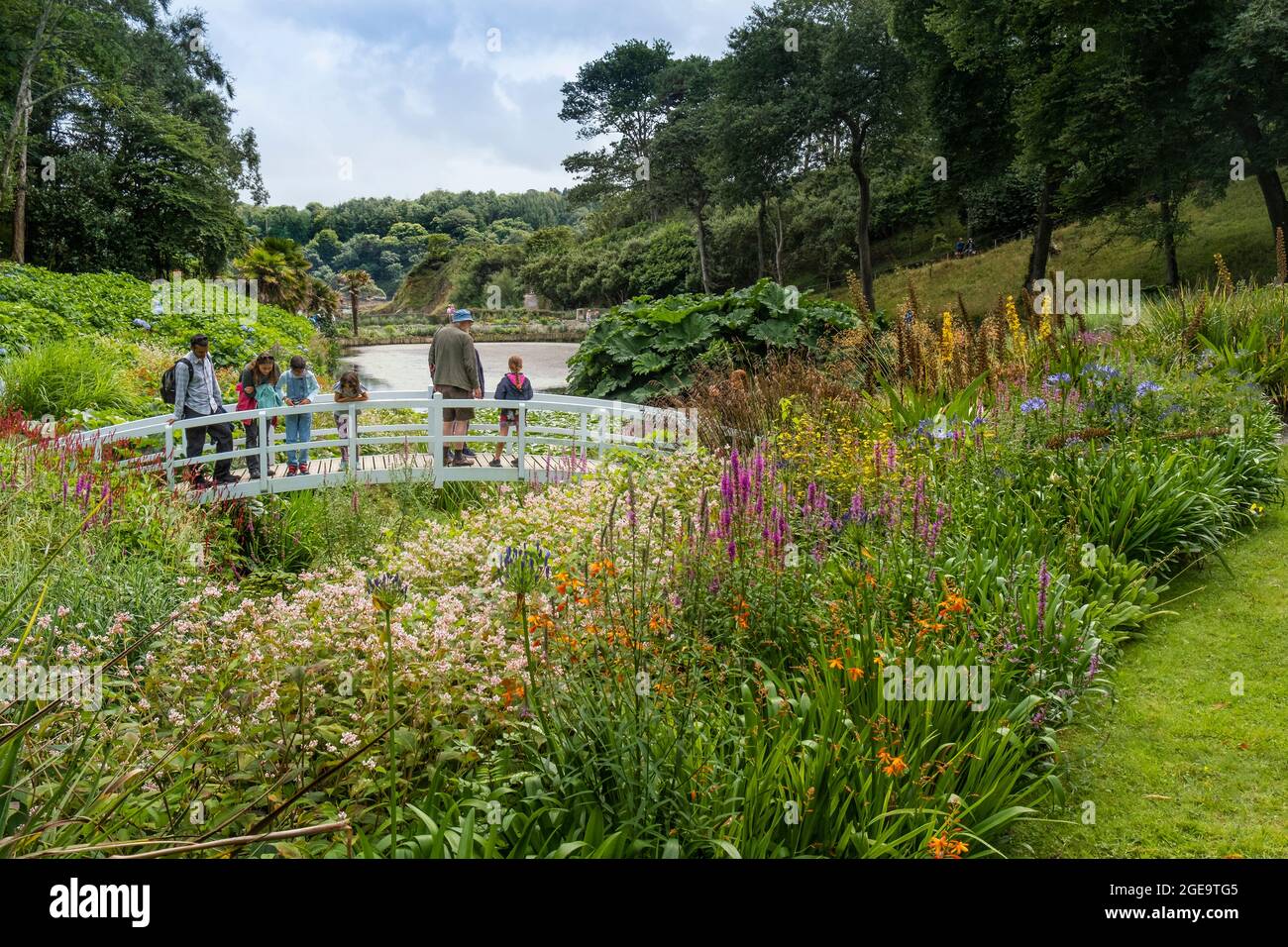 Les visiteurs se trouvant sur la passerelle ornementale au-dessus de l'étang Mallard, dans les jardins subtropicaux luxuriants de Trebah Gardens, dans les Cornouailles. Banque D'Images