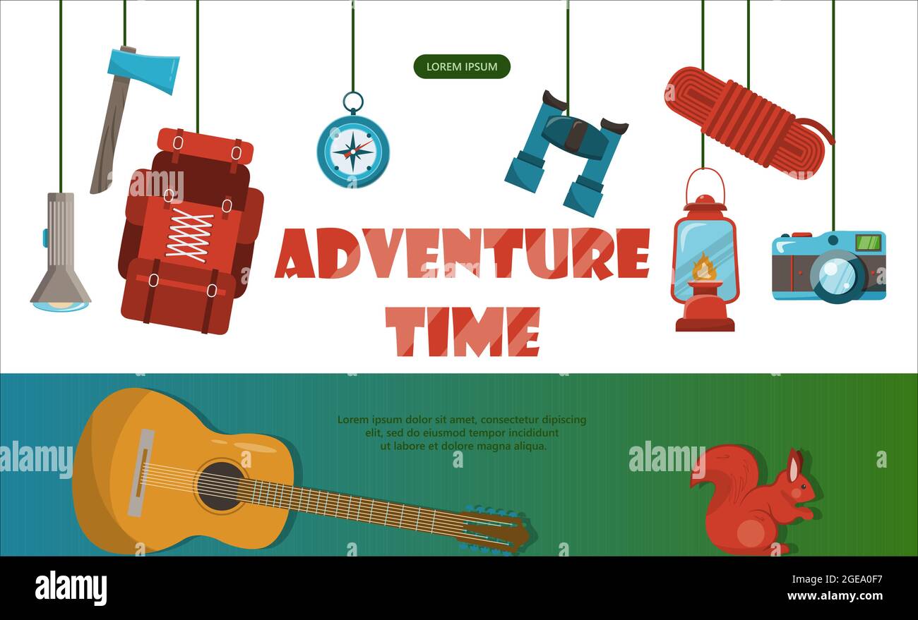 Camping aventure vecteur de temps illustration bannière avec équipement plat pour la randonnée Cartoon Flayer Illustration de Vecteur