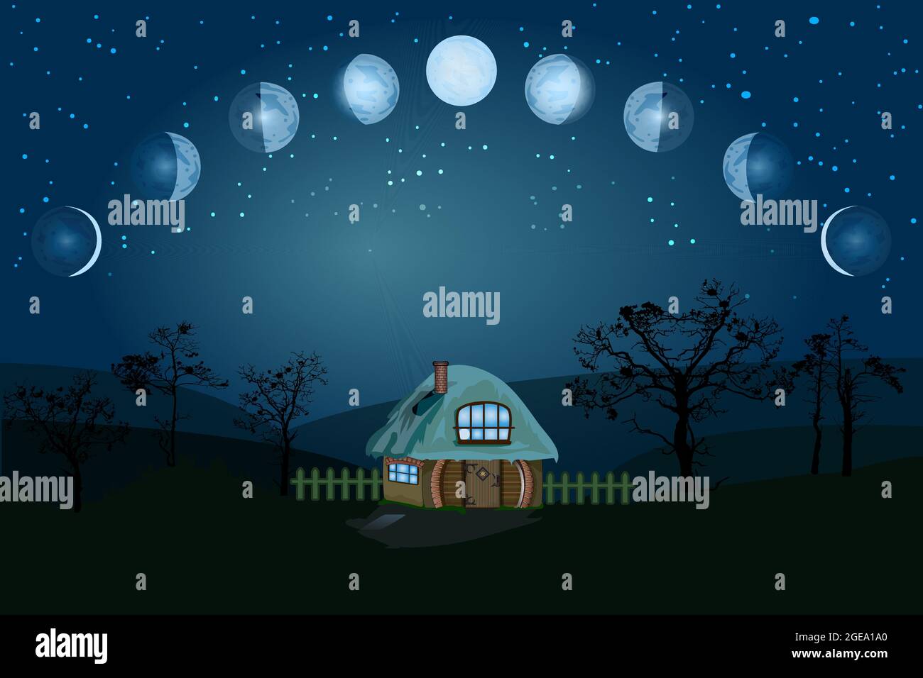 Phases lunaires. Cycle complet de la nouvelle lune à la pleine. Changement de cycle Lunar. Nouveau, cire, quart, croissant, moitié, complet, waning, eclipse. Paysage de nuit.vecteur Illustration de Vecteur