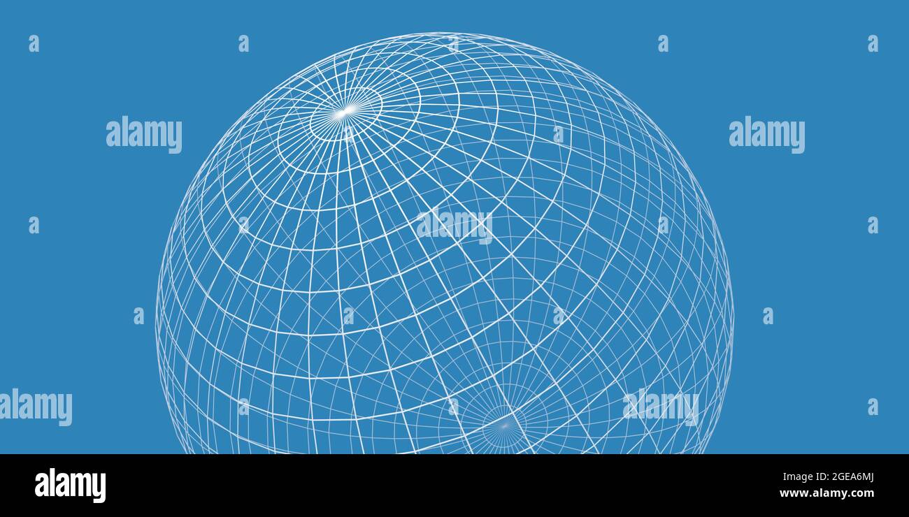 Globe filaire ou sphère sur fond bleu, visualisation du pôle nord, géographie ou concept de navigation avec coordonnées de latitude et de longitude Banque D'Images