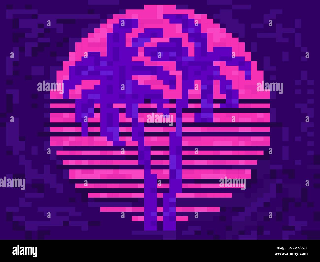 Pixel art palmiers au coucher du soleil dans le style des années 80. onde  solaire synthwave et four à micro-ondes 8 bits. Jeu vidéo rétro 8 bits.  Conception pour l'impression, l'emballage du