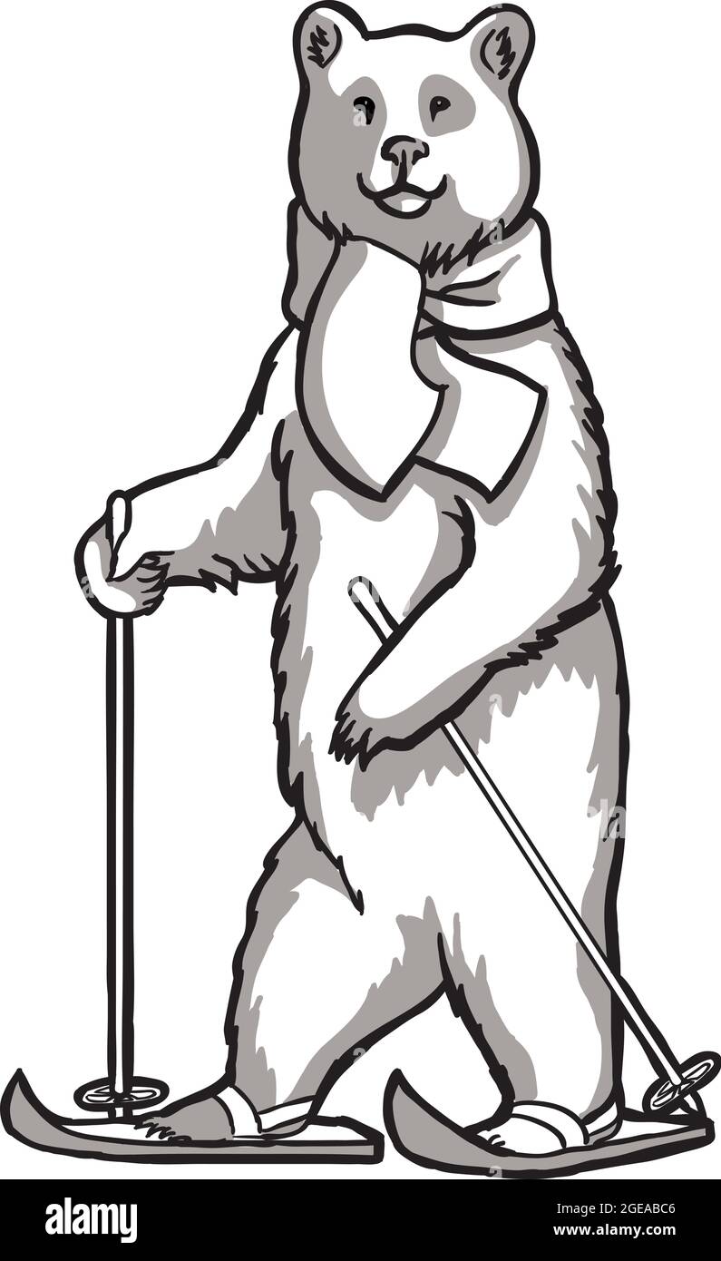 Mascotte, ours sur skis, dessin noir et blanc, broderie, imprimé pour tissus. Illustration de Vecteur