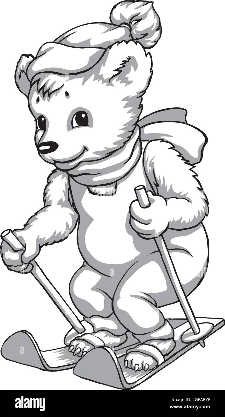 Mascotte, ours sur skis, dessin noir et blanc, broderie, imprimé pour tissus. Illustration de Vecteur
