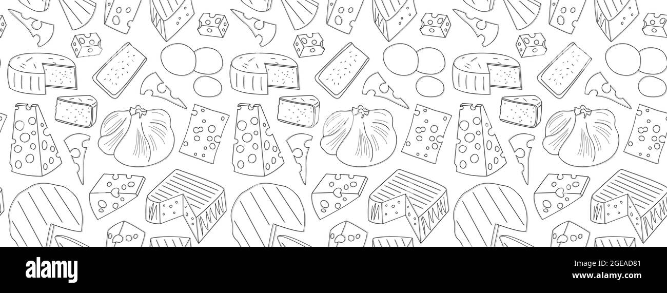 Motif noir et blanc sans couture avec différentes variétés et différents types de fromages. Contexte des concepts d'affaires de conception et de la publicité. Couvercle de cuisson Illustration de Vecteur