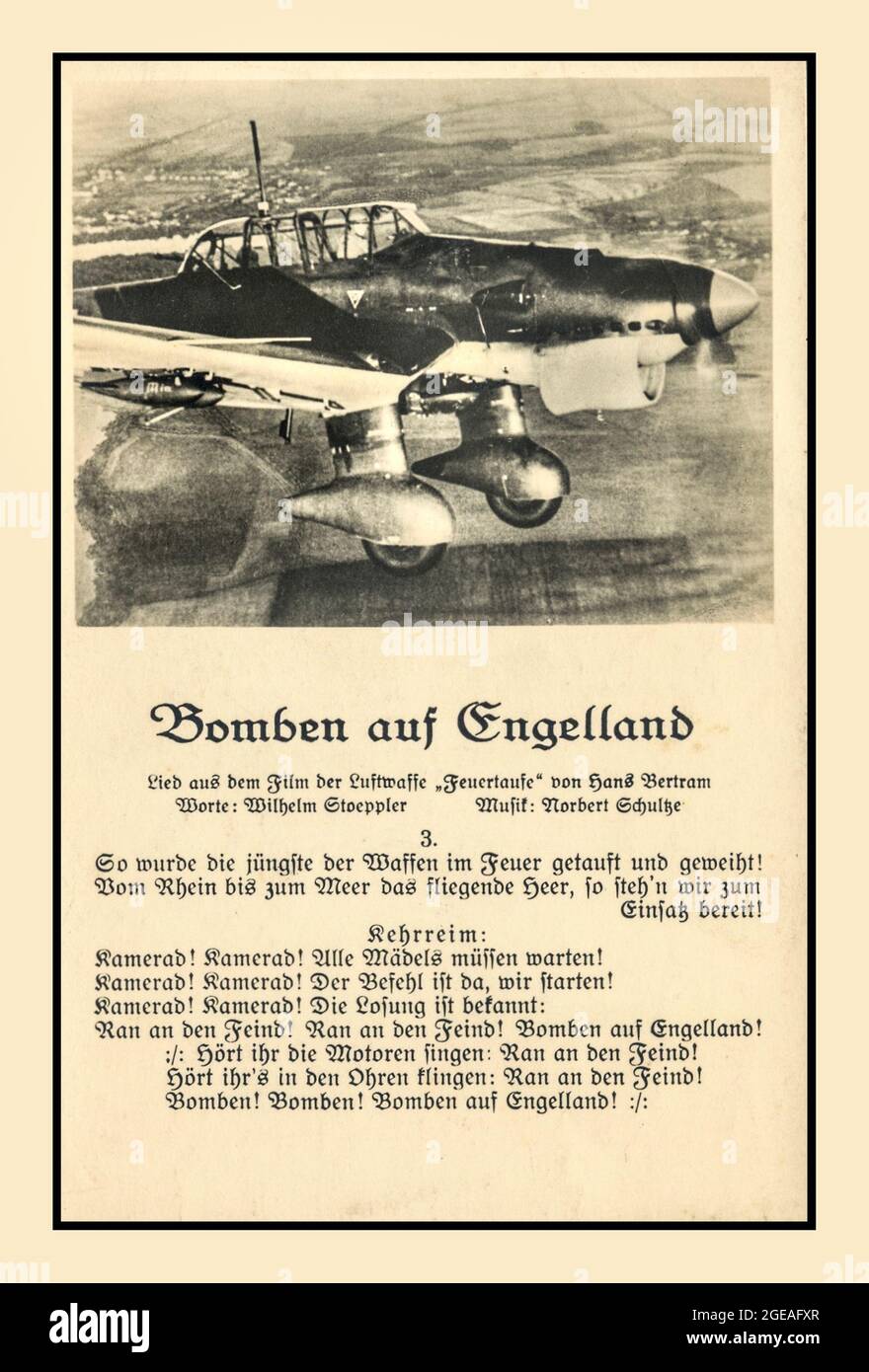 STUKA BOMBARDIER WW2 nazi anti anglais Angleterre propagande appel aux paroles de chansons d'armes avec un avion de plongée Luftwaffe Stuka Allemagne nazie. Chanson intitulée ' Bomben auf Engelland ' Seconde Guerre mondiale Banque D'Images