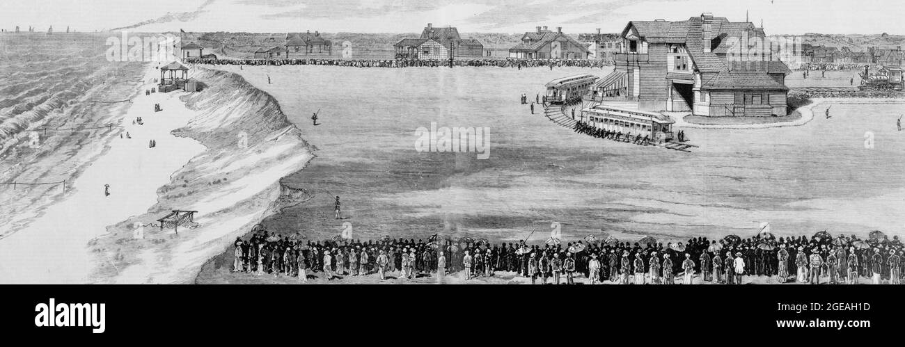 Le retrait du Président James Garfield, avec ses médecins et ses préposés, de la Maison Blanche au Cottage Francklyn à Elberon, au bord de la mer, avec une ligne ferroviaire temporaire jusqu'à la porte le 6 septembre 1881 Banque D'Images