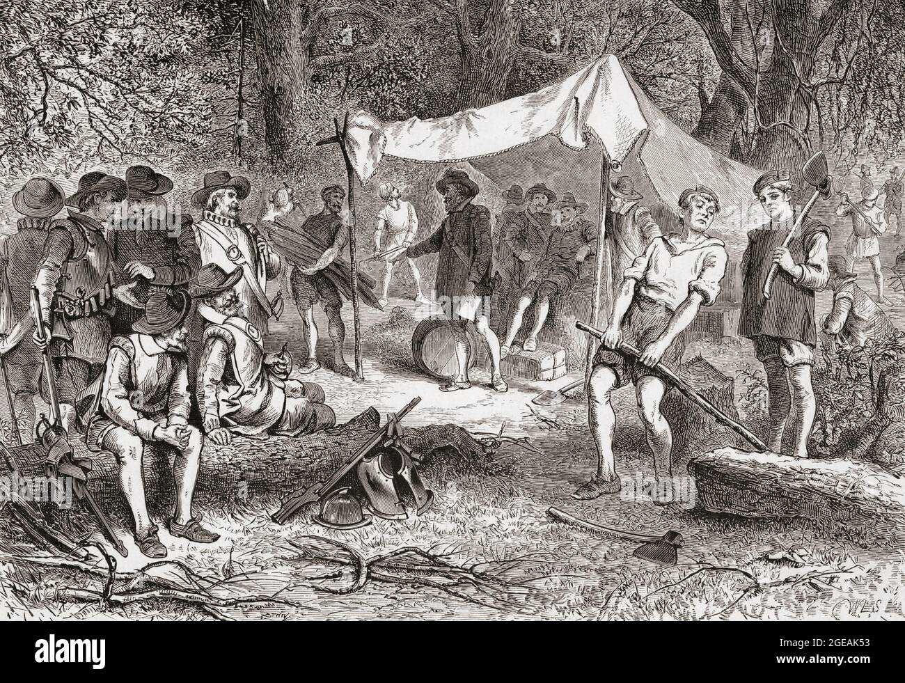 Les travaux de construction de Jamestown, Virginie, États-Unis, commencent le 4 mai 1607. Connu alors sous le nom de James fort, il s'agissait d'un projet de la compagnie Virginia de Londres qui avait gagné une charte royale du roi James I pour établir des colonies en Amérique du Nord. Jamestown a été leur premier projet. Après une œuvre du XIXe siècle de William Sheppard Banque D'Images