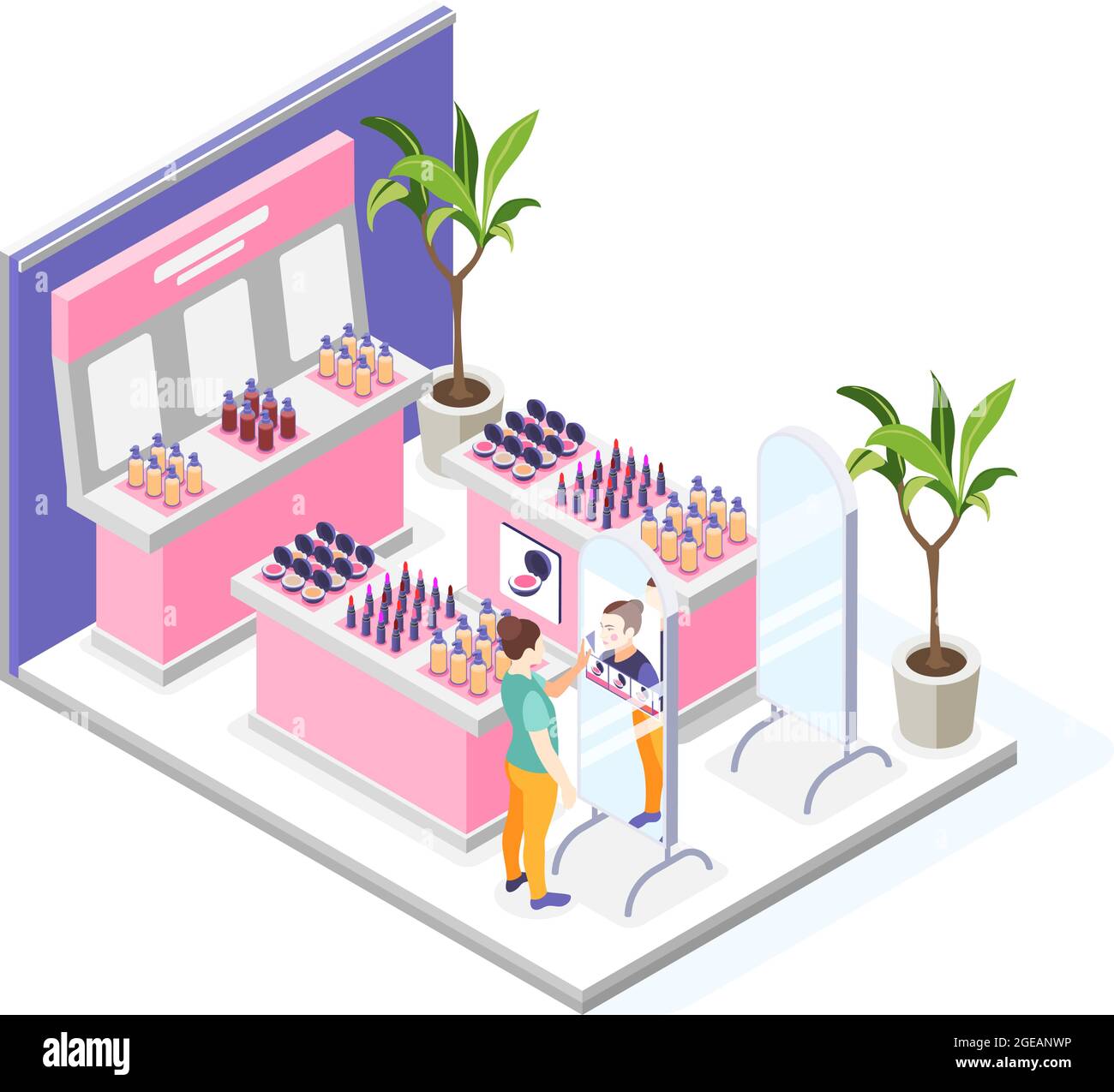 Composition de maquillage virtuel avec vue de magasin de produits  cosmétiques et femme regardant dans le miroir de l'interface utilisateur  illustration de vecteur Image Vectorielle Stock - Alamy