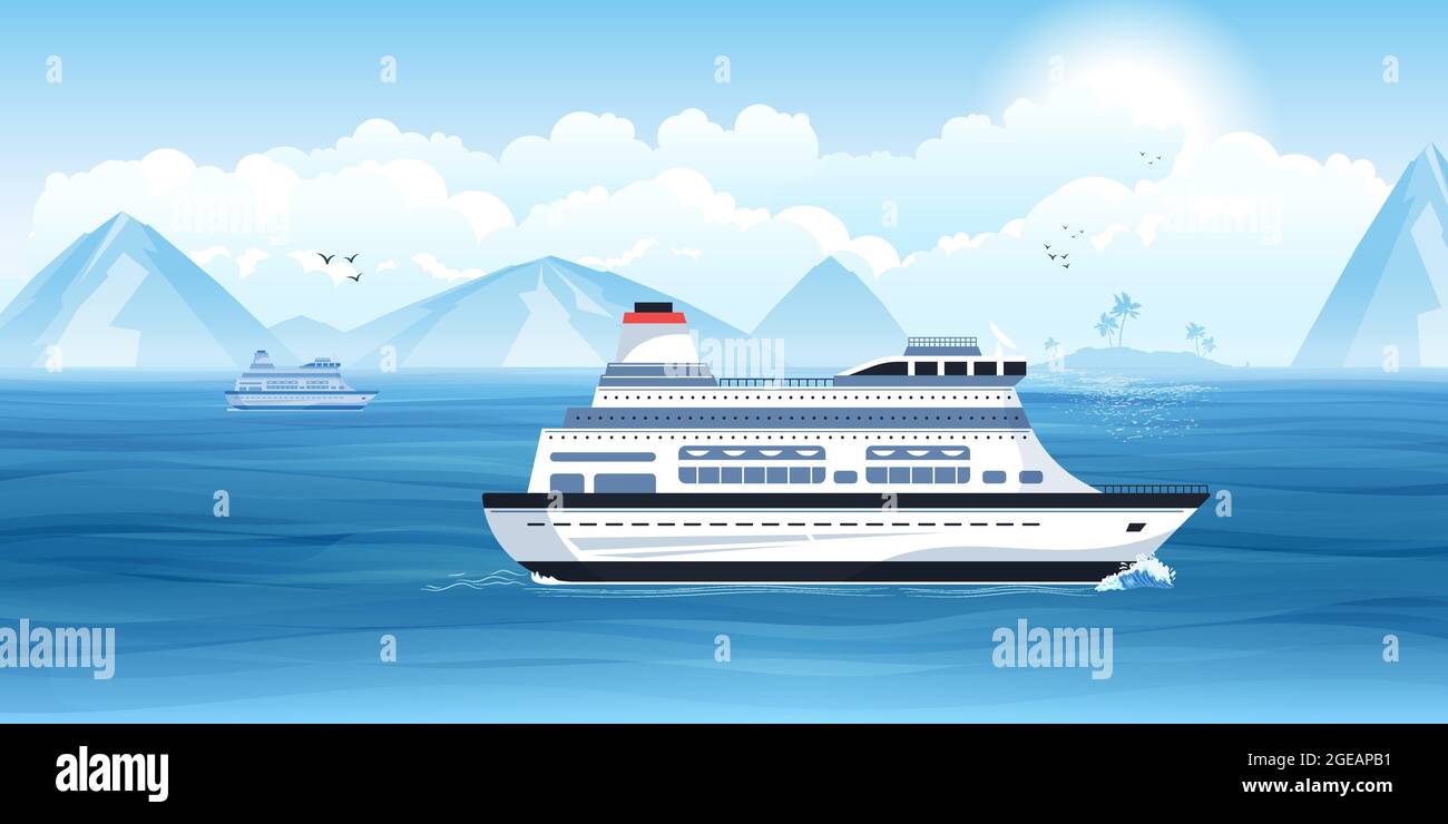 Illustration d'un vecteur marin avec un paquebot de croisière touristique naviguant dans les eaux chaudes de la mer du sud Illustration de Vecteur