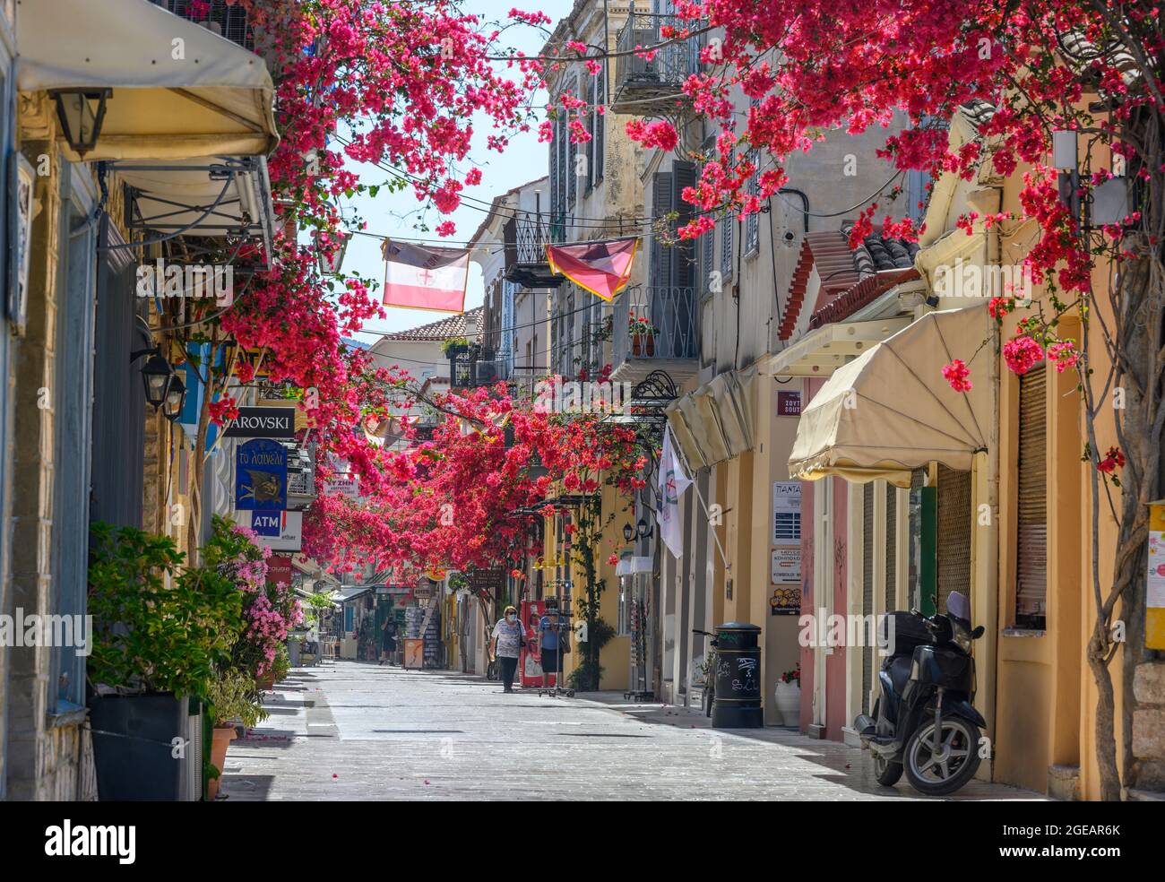 Bougainvillea en fleur crée une scène colorée dans la vieille ville de Nauplie, première capitale de la Grèce après l'indépendance, argolide, Péloponnèse, Grèce Banque D'Images