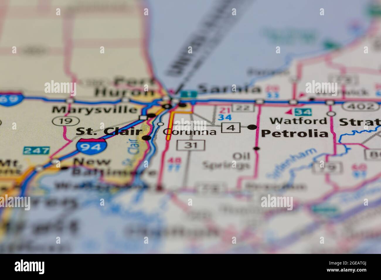 Corunna Ontario Canada sur une carte routière ou une carte de la